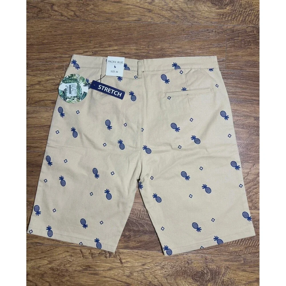 Pacific Blue Men’s Khaki Chino Shorts Blue Pineapple Design size 36 New